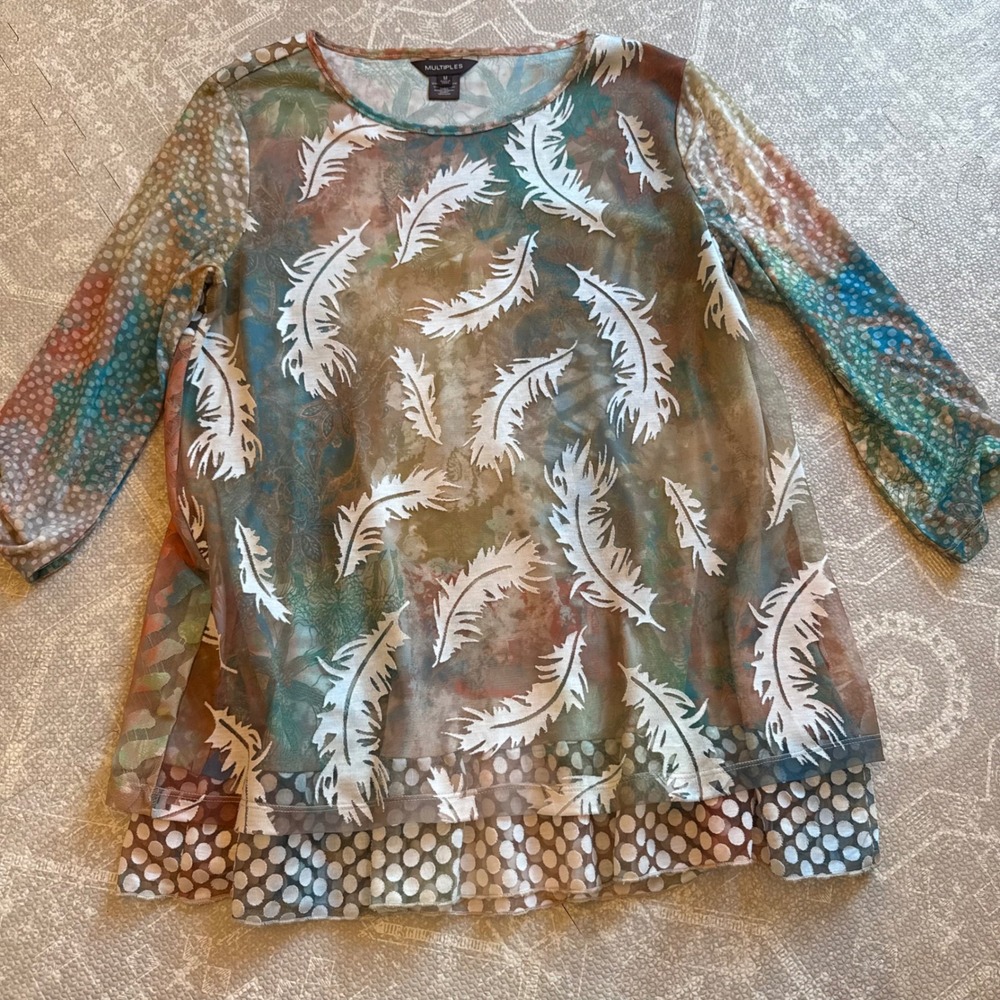 Multiples Tunic Top Womens Medium Multicolor Feather Polka Dot Mixed Media Mesh